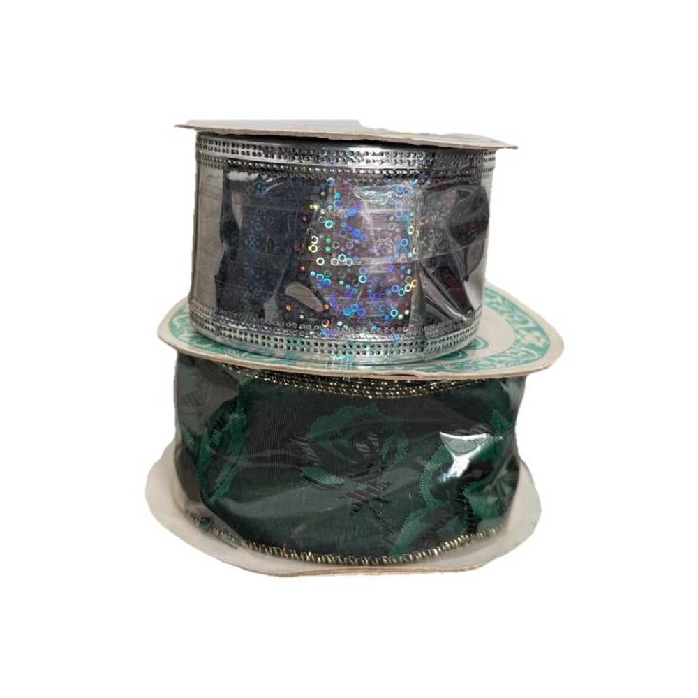 Vintage Tinsel‎ Ribbon Garland Silver Metallic Green Wide Christmas Taiwan STATS